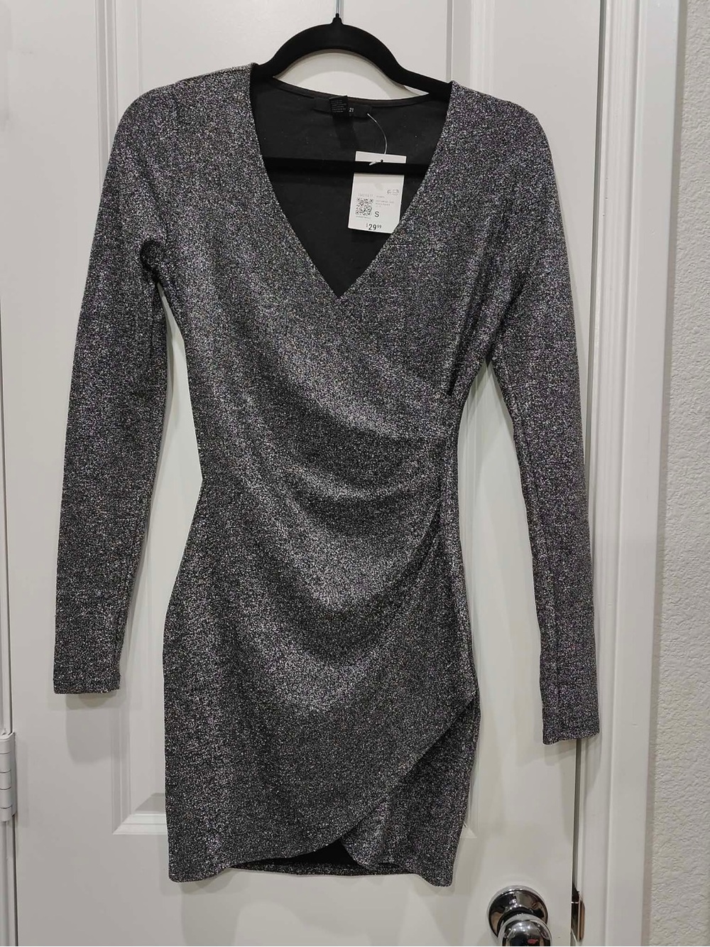 Forever 21 Silver Sparkle Wrap-Front Long-Sleeve Mini Dress